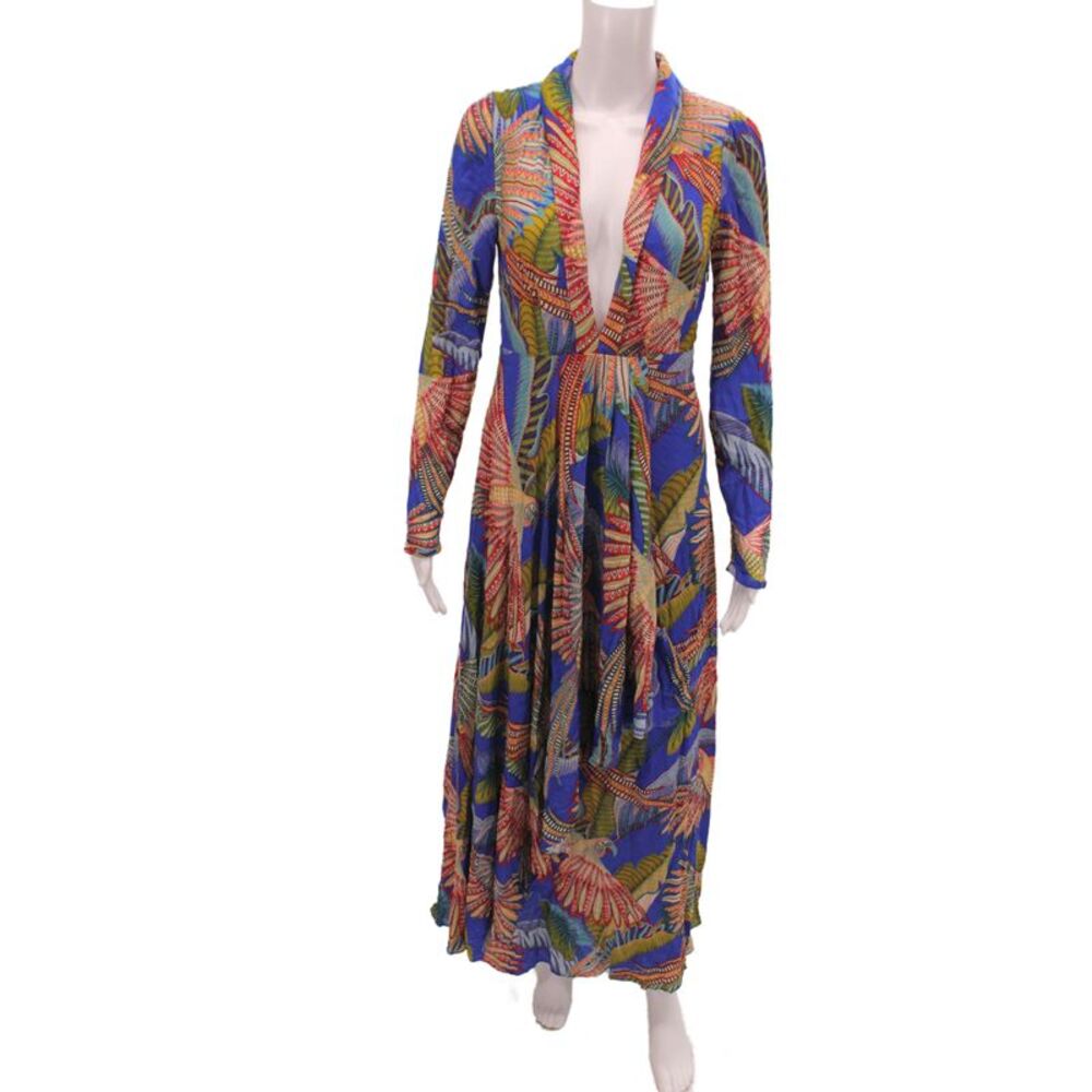 Farm Rio Women Maxi Dress Blue Animal Print V-Neck Long Sleeve Rayon Size XS